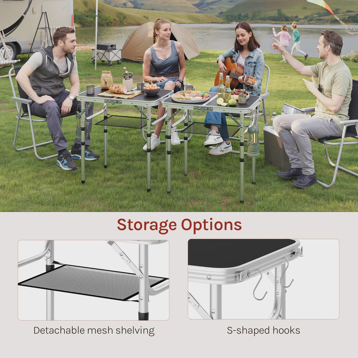 Verstelbare en Opvouwbare Campingtafel van Aluminium met Opbergnet en Haken - Draagbaar voor Tuin, Picknick & BBQ