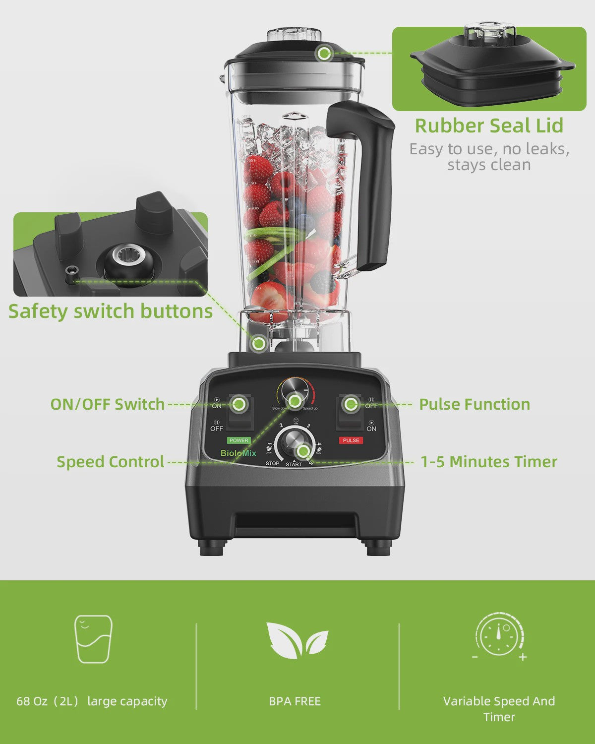 BioloMix 2200W Krachtige Blender met Timer & 2L BPA-vrije Kan - Heavy Duty Mixer
