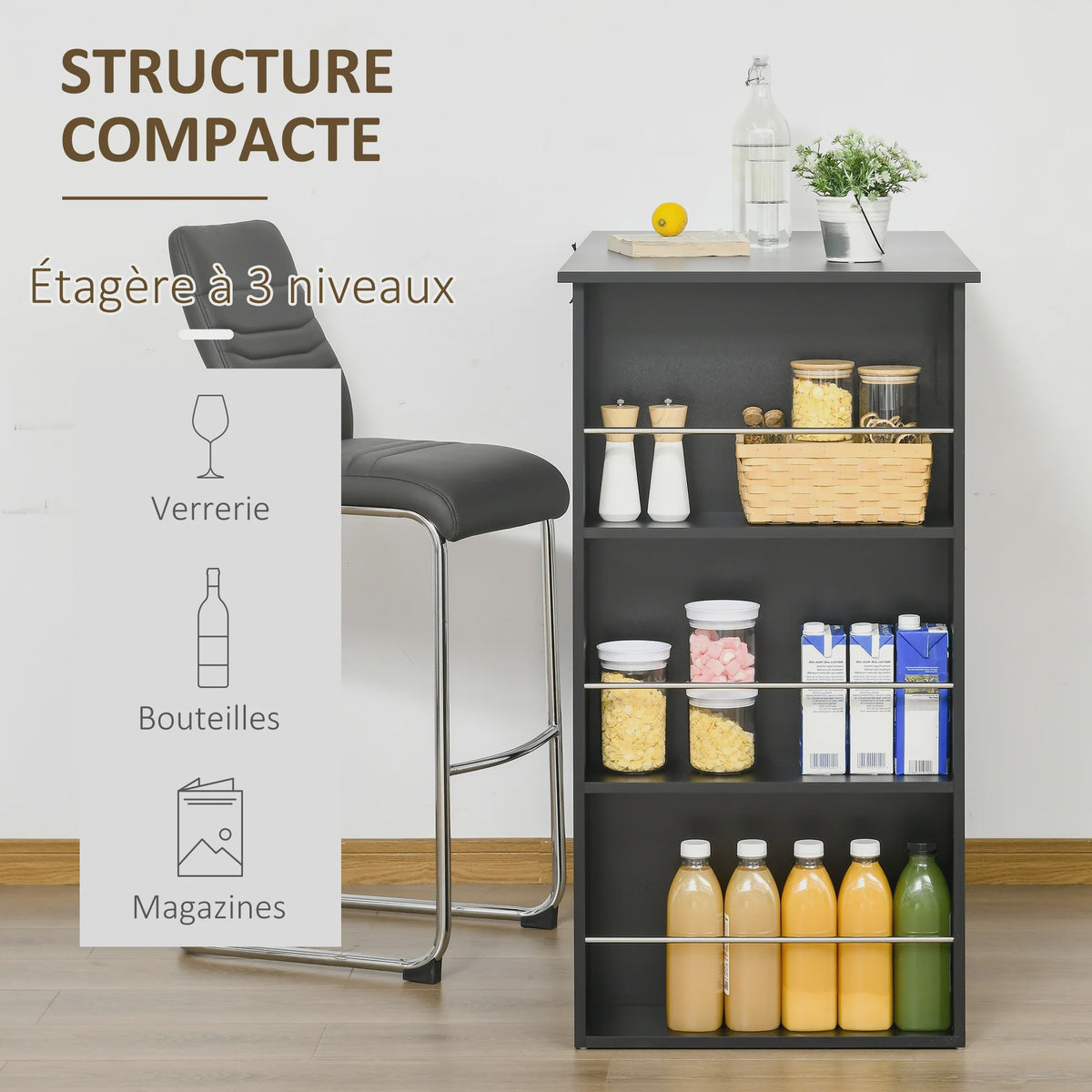 Zwarte Bartafel met 3 Open Vakken - 112x57x106 cm