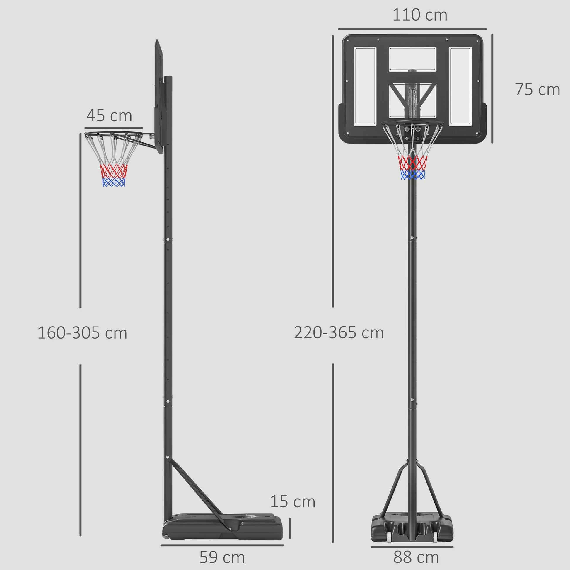 HOMCOM Basketbalpaal Verstelbaar 220-365 cm Zwart - Outdoor Basketbalring