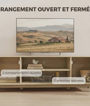 Stijlvol TV Meubel 135cm met Rotan Deuren & Open Vakken - Oak Look - Tot 65 Inch