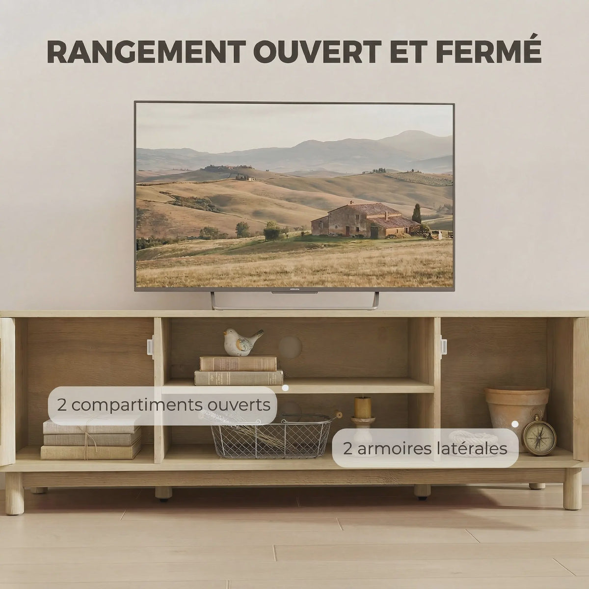 Stijlvol TV Meubel 135cm met Rotan Deuren & Open Vakken - Oak Look - Tot 65 Inch