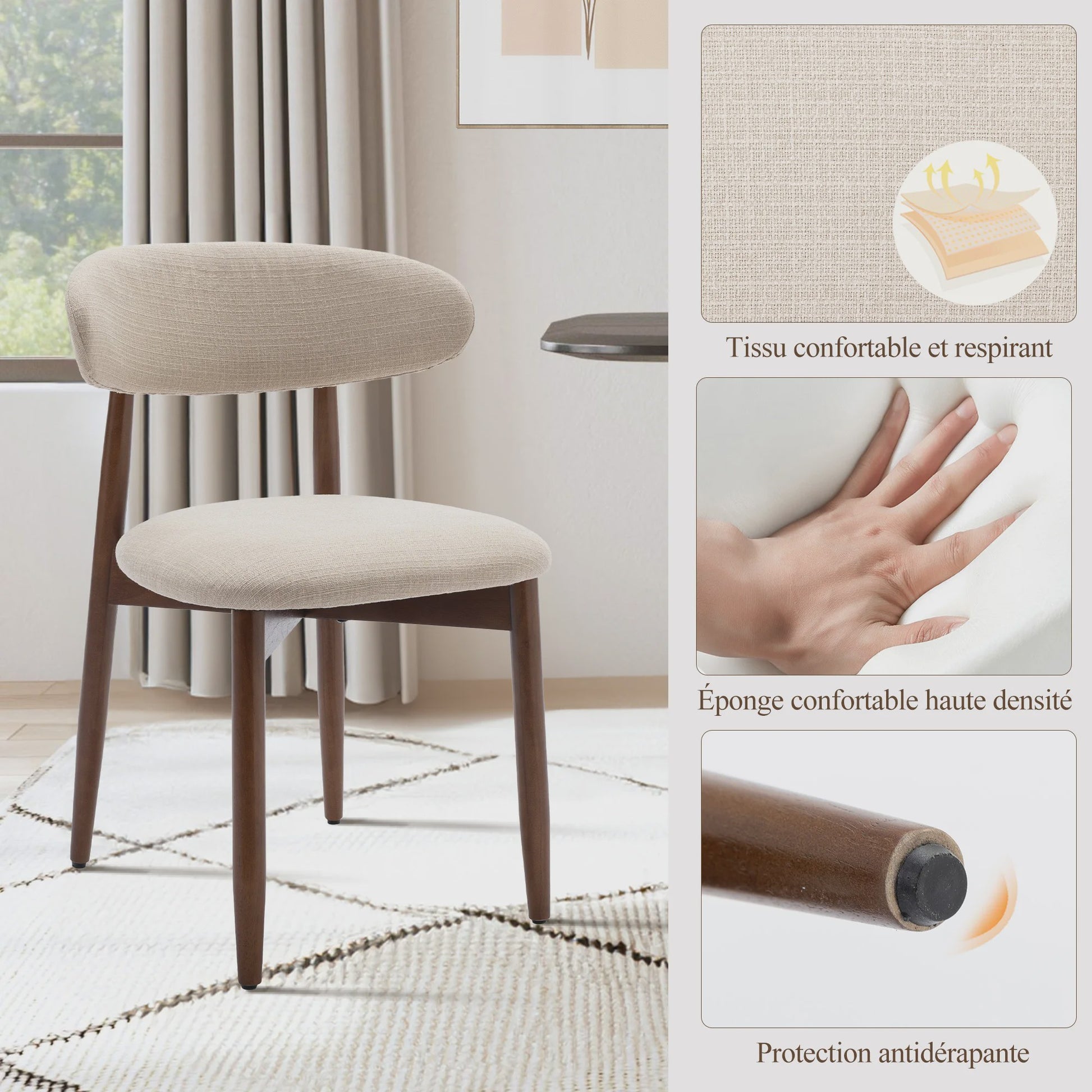 Set van 2 Beige Eetkamerstoelen - Scandinavische Stijl, Modern & Gestoffeerd met Houten Poten