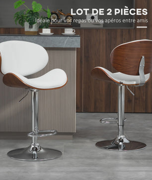 Set van 2 Verstelbare Barkrukken - Wit Kunstleer & Houtnerf - Barstoelen Keuken