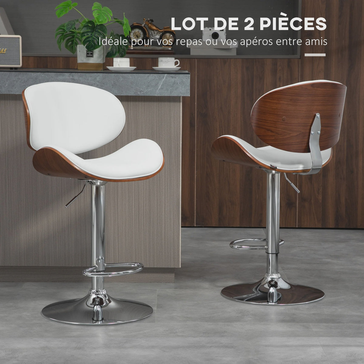 Set van 2 Verstelbare Barkrukken - Wit Kunstleer & Houtnerf - Barstoelen Keuken