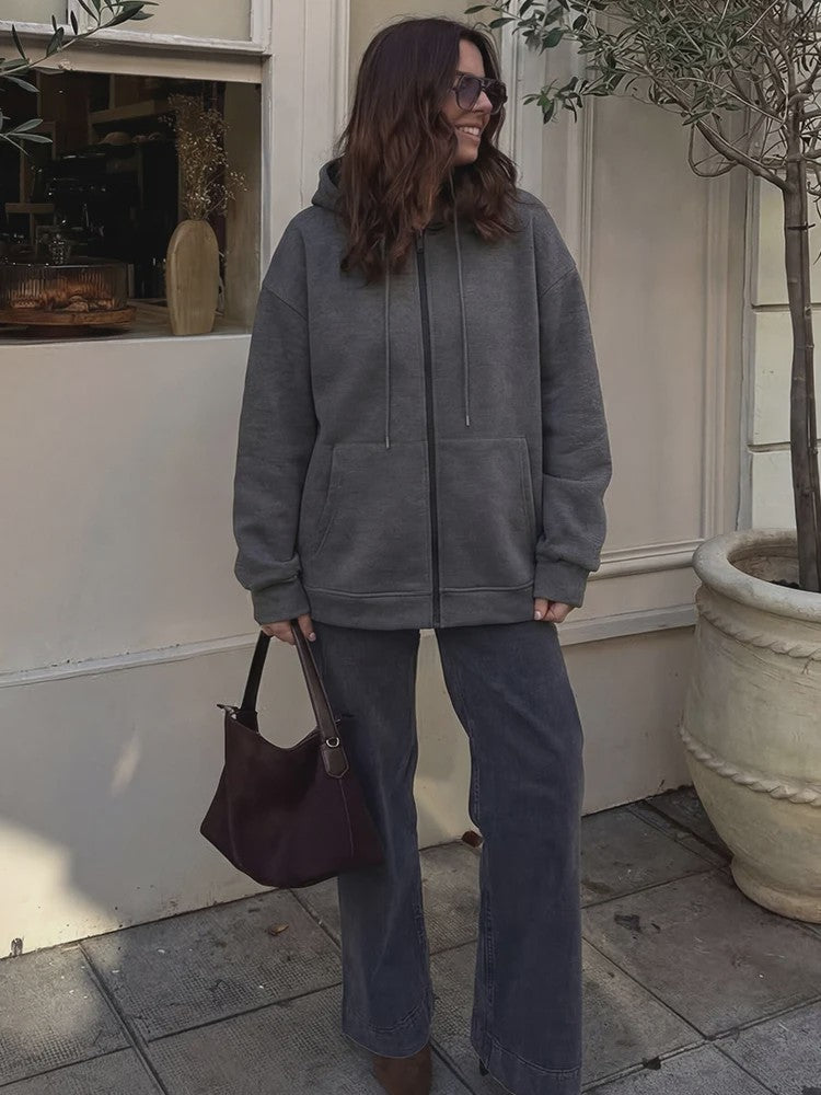 Casual Dames Hoodie met Rits, Capuchon en Grote Zakken - Comfortabele Lange Mouwen Jas