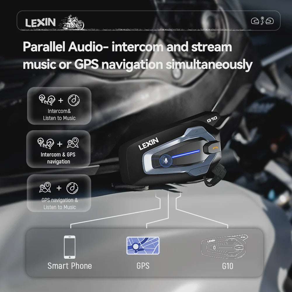 LEXIN G10 Motorhelm Intercom Systeem - 8 Rijders, Bluetooth 5.1, Parallel Audio & Muziek Delen