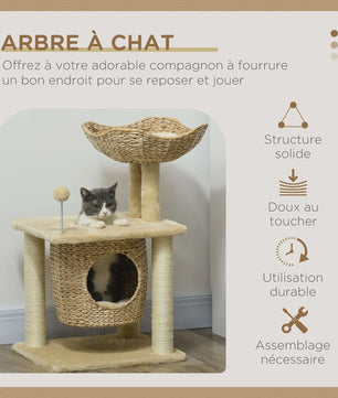 PawHut Kattenkrabpaal met Niche, Mand, Pompon en Sisal - Beige 45x40x74 cm