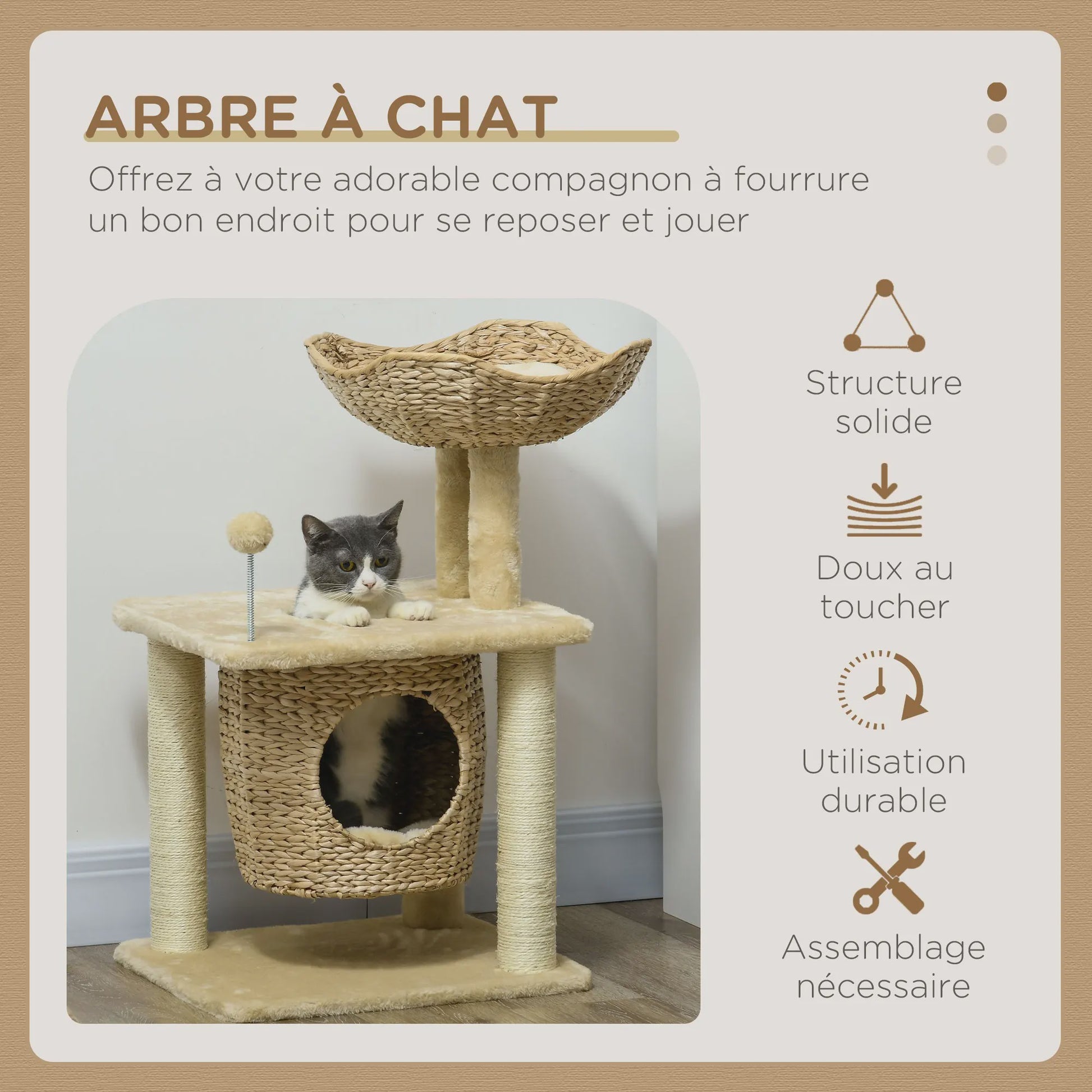 PawHut Kattenkrabpaal met Niche, Mand, Pompon en Sisal - Beige 45x40x74 cm