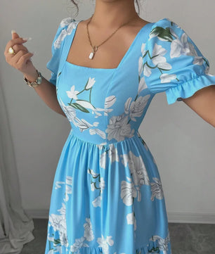Elegante Dames Maxjurk met Bloemenprint en Vierkante Hals - Perfect voor Zomerfeesten en Bruiloften