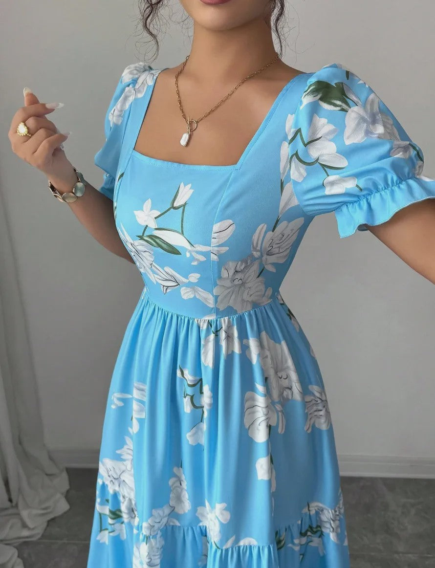 Elegante Dames Maxjurk met Bloemenprint en Vierkante Hals - Perfect voor Zomerfeesten en Bruiloften