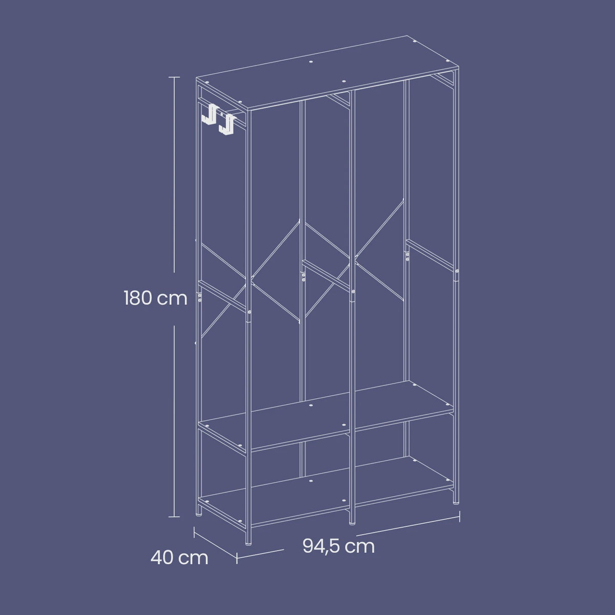 Open Kledingrek met Hangrail en Legplanken - 94.5 x 40 x 180 cm