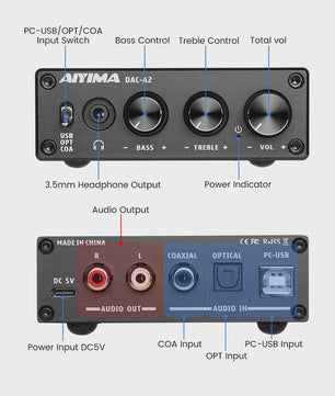 AIYIMA DAC-A2 HiFi DAC & Hoofdtelefoonversterker - USB, Coaxiaal, Optisch