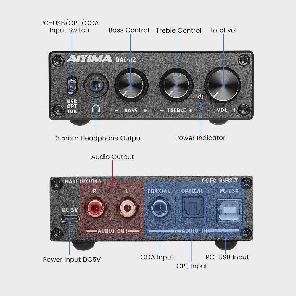 AIYIMA DAC-A2 HiFi DAC & Hoofdtelefoonversterker - USB, Coaxiaal, Optisch