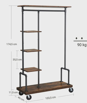 Industriële Kledingrek met Wielen en 5 Opbergplanken