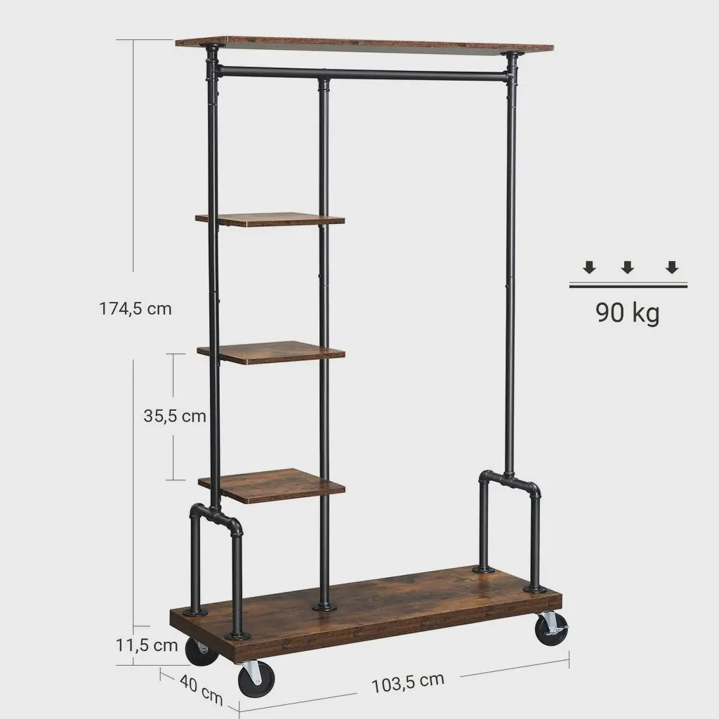 Industriële Kledingrek met Wielen en 5 Opbergplanken
