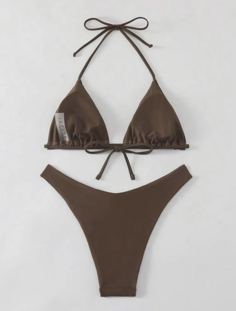 Dames Bikini Thong - Sexy Braziliaanse Stijl met Halter en Vetersluiting - Verkrijgbaar in Wit, Zwart & Koffie
