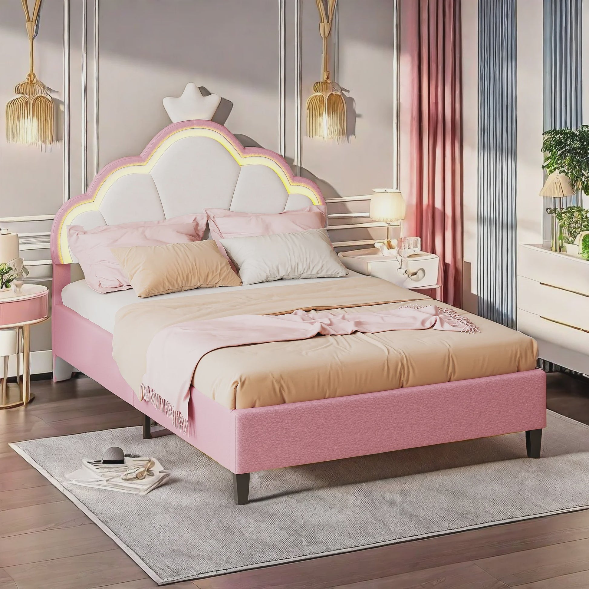 Betoverend Prinsessenbed met Kroon en LED-verlichting - Roze Kinderbed