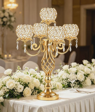 Gouden 5-armige Kristallen Kandelaar met Gedraaide Voet - Luxe Tafeldecoratie