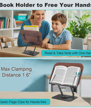 Verstelbare Boekenstandaard met 360° Draaibare Voet & Page Clips - Ideaal voor Lezen, Koken, Laptop & Tablet