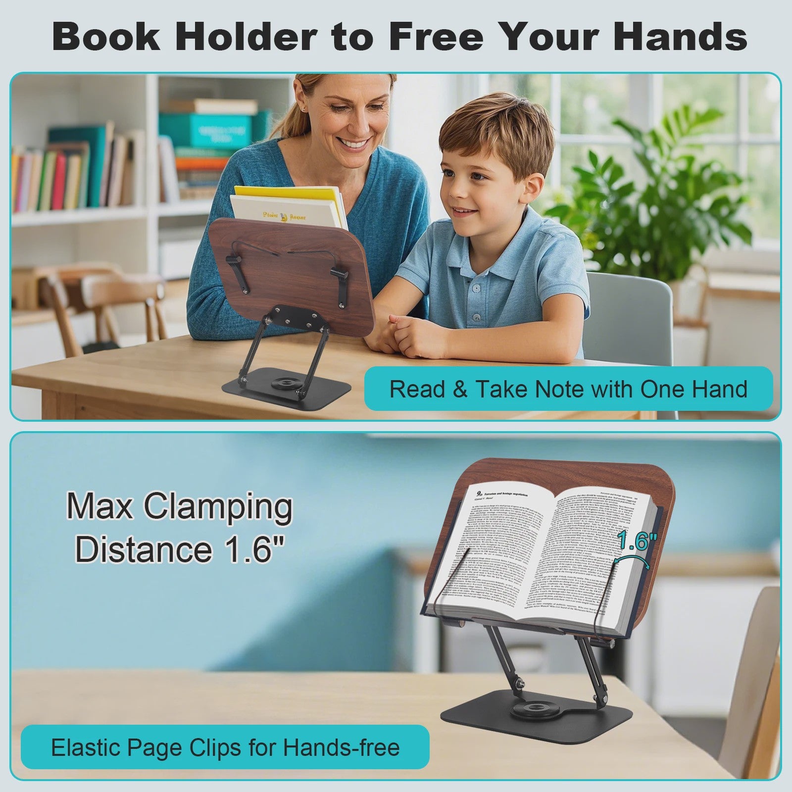 Verstelbare Boekenstandaard met 360° Draaibare Voet & Page Clips - Ideaal voor Lezen, Koken, Laptop & Tablet