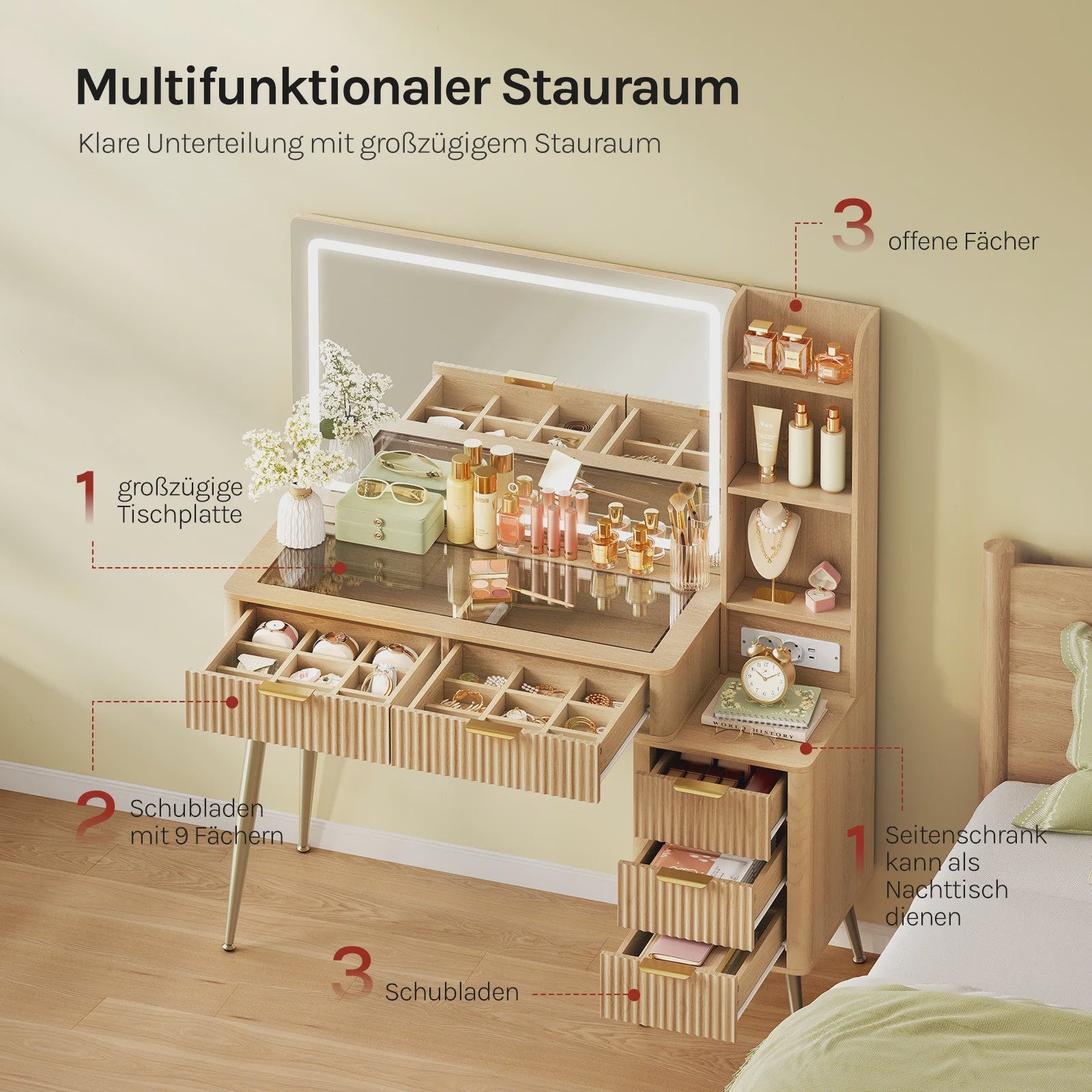 WOLTU Kaptafel met Groot LED Spiegel, Verstelbare Verlichting, Make-up Tafel met Lades en Stopcontact