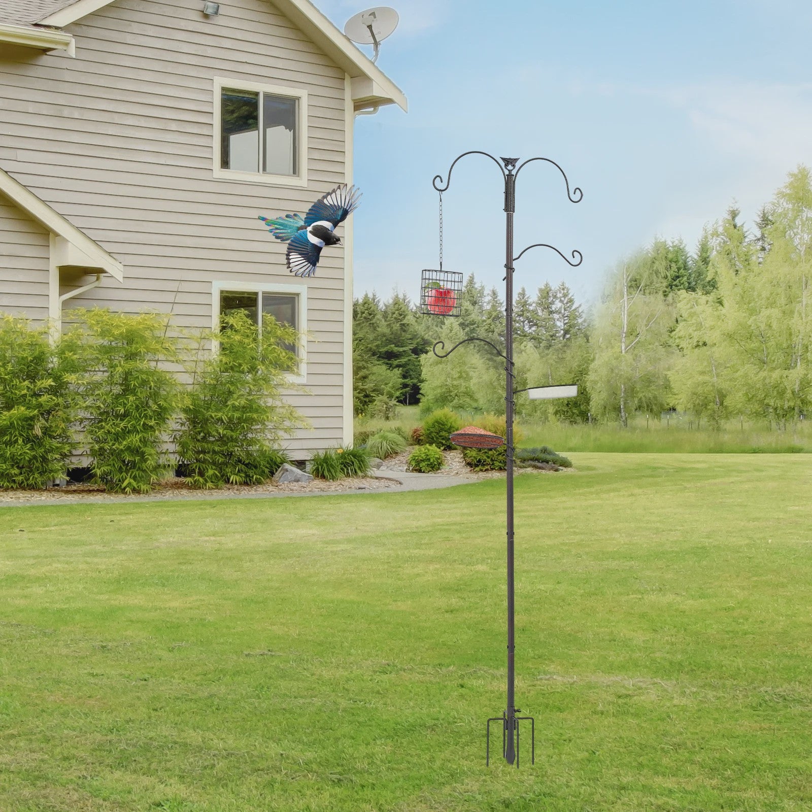 Voederpaal Vogelhuisje met 4 Haken - 190 cm Hoog - Zwaar Staal - Inclusief Voerbak & Waterbak