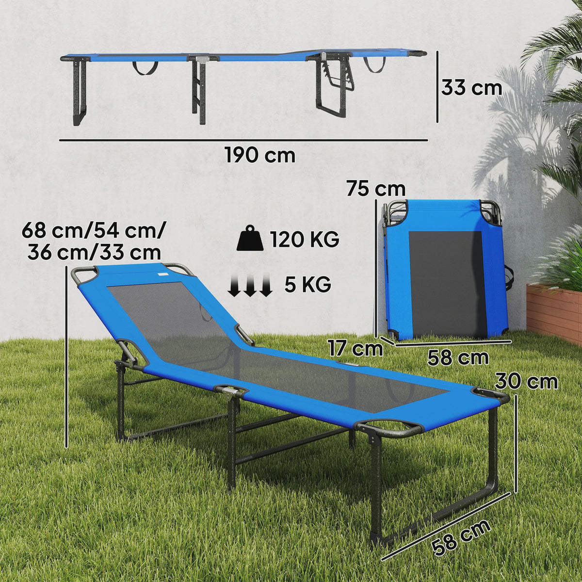 Opvouwbare Lounger Zonnebank Blauw - Verstelbaar Ligbed voor Tuin, Terras & Strand