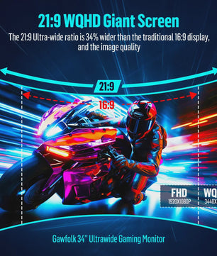 Gawfolk 34" Ultrawide Curved Gaming Monitor 165Hz UWQHD 1500R Curvature met FreeSync