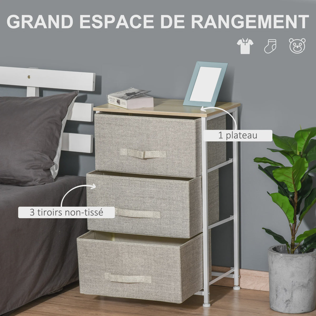 Homcom 3-Laden Stoffen Commode - Moderne Opbergkast met Stalen Frame en Verstelbare Voeten
