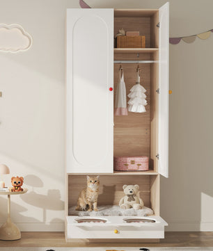 Kinder Kledingkast met Kattenmandjes - Wit & Natuurlijk Hout - 80x50x200 cm