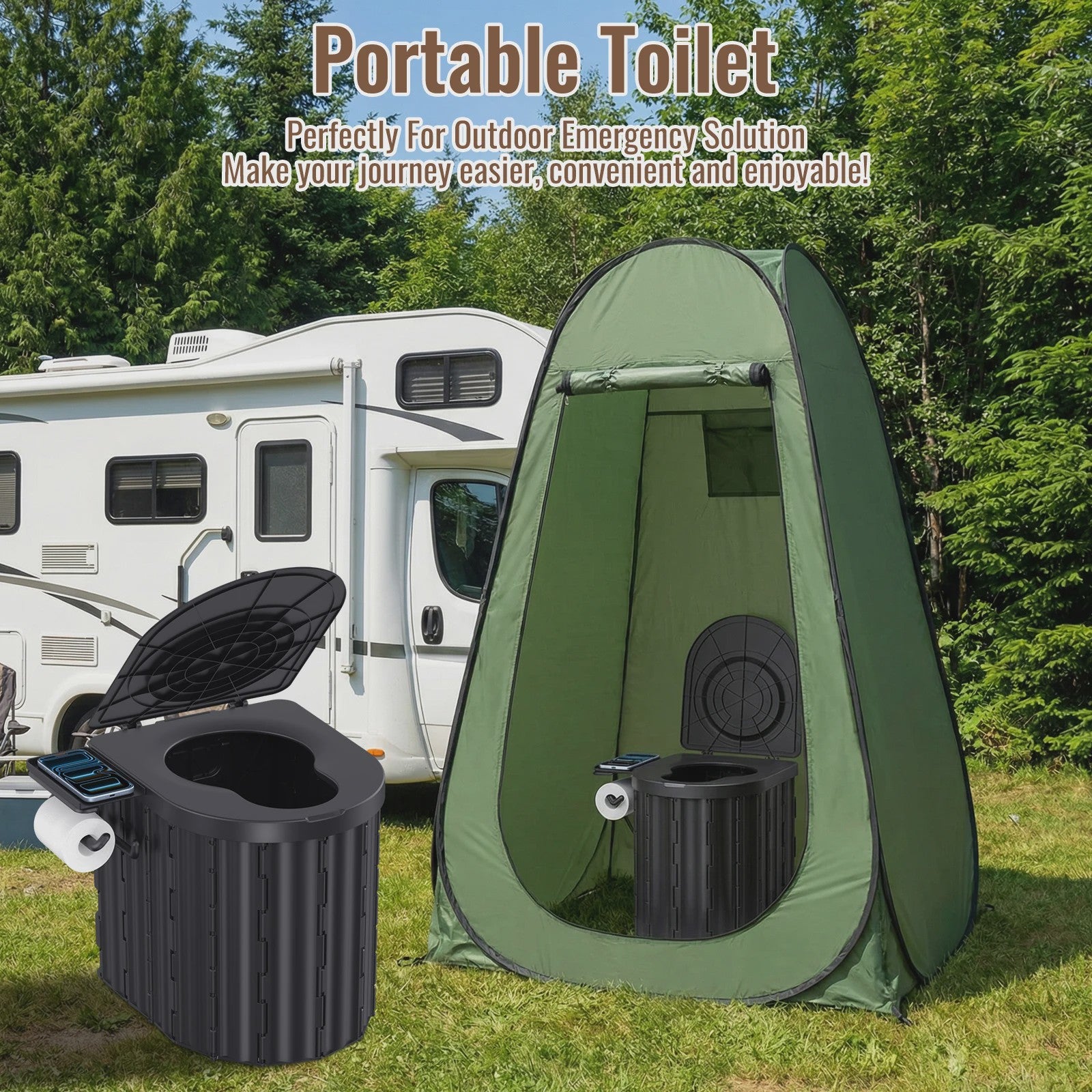 Draagbaar Camping Toilet met Deksel & Toiletrolhouder - Noodtoilet voor Reizen, Kamperen, Auto, Kind & Volwassene