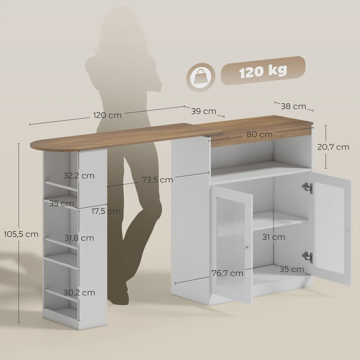 Draaibare Bartafel met Uitschuifbaar Deel en Opbergkast - Wit