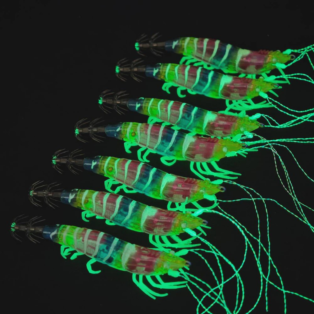 Set van 7 Lichtgevende Vissen Lokaas Garnalen - Perfect voor Zeebaars & Inktvis Vangst