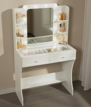 Witte Kaptafel met Verstelbare 3-Kleur Verlichting en Glazen Tafelblad - Stijlvolle Make-up Opbergruimte