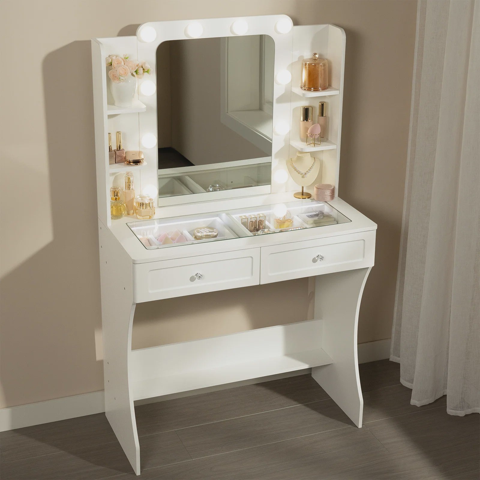 Witte Kaptafel met Verstelbare 3-Kleur Verlichting en Glazen Tafelblad - Stijlvolle Make-up Opbergruimte