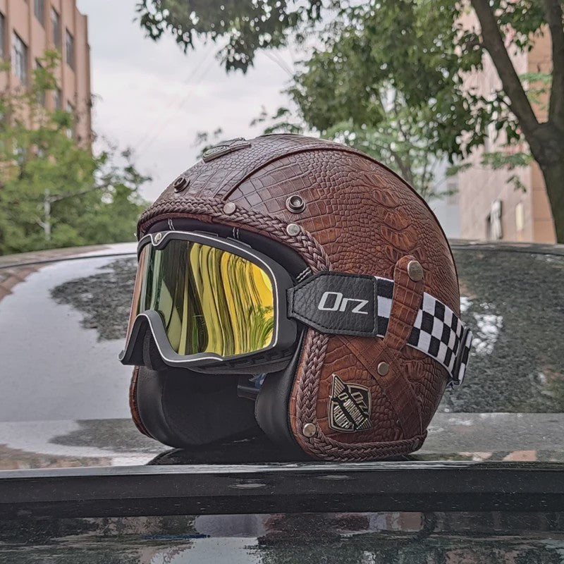 Retro Open 3/4 Motorhelm PU Leer - Stijlvol & Veilig met DOT Keurmerk