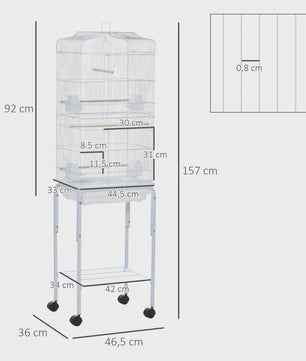 Ruime Vogelkooi met Standaard, Wielen en Opbergplank - 46.5x36x157 cm