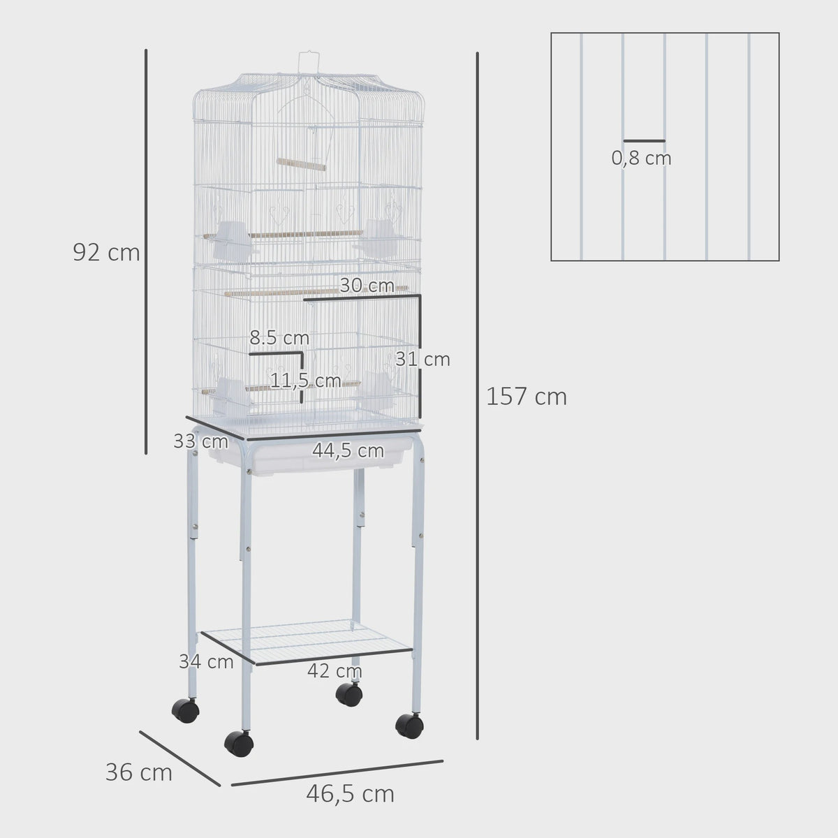 Ruime Vogelkooi met Standaard, Wielen en Opbergplank - 46.5x36x157 cm