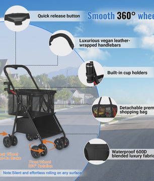 Dubbele Boodschappentrolley met 360° Wielen en Afneembare Tas