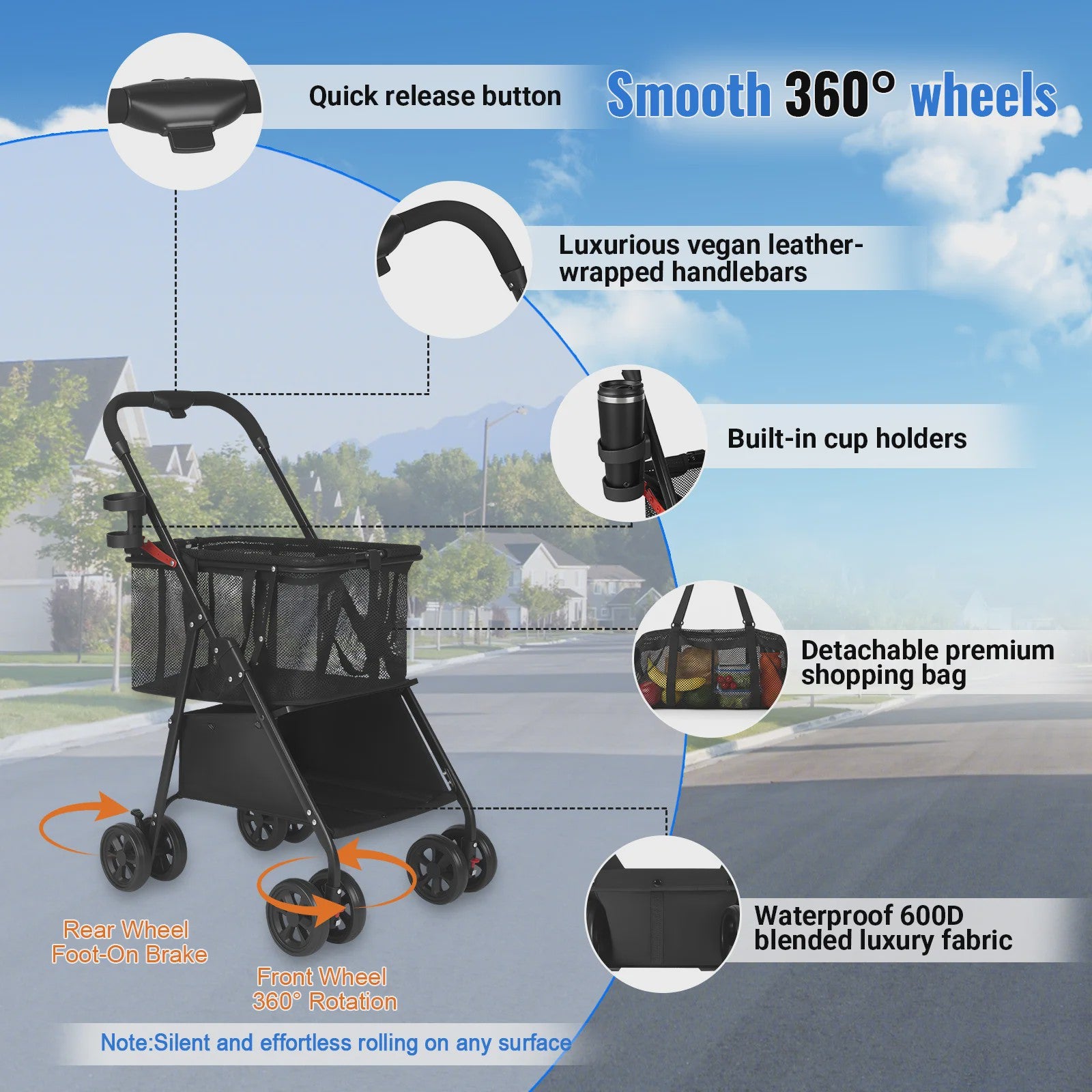 Dubbele Boodschappentrolley met 360° Wielen en Afneembare Tas