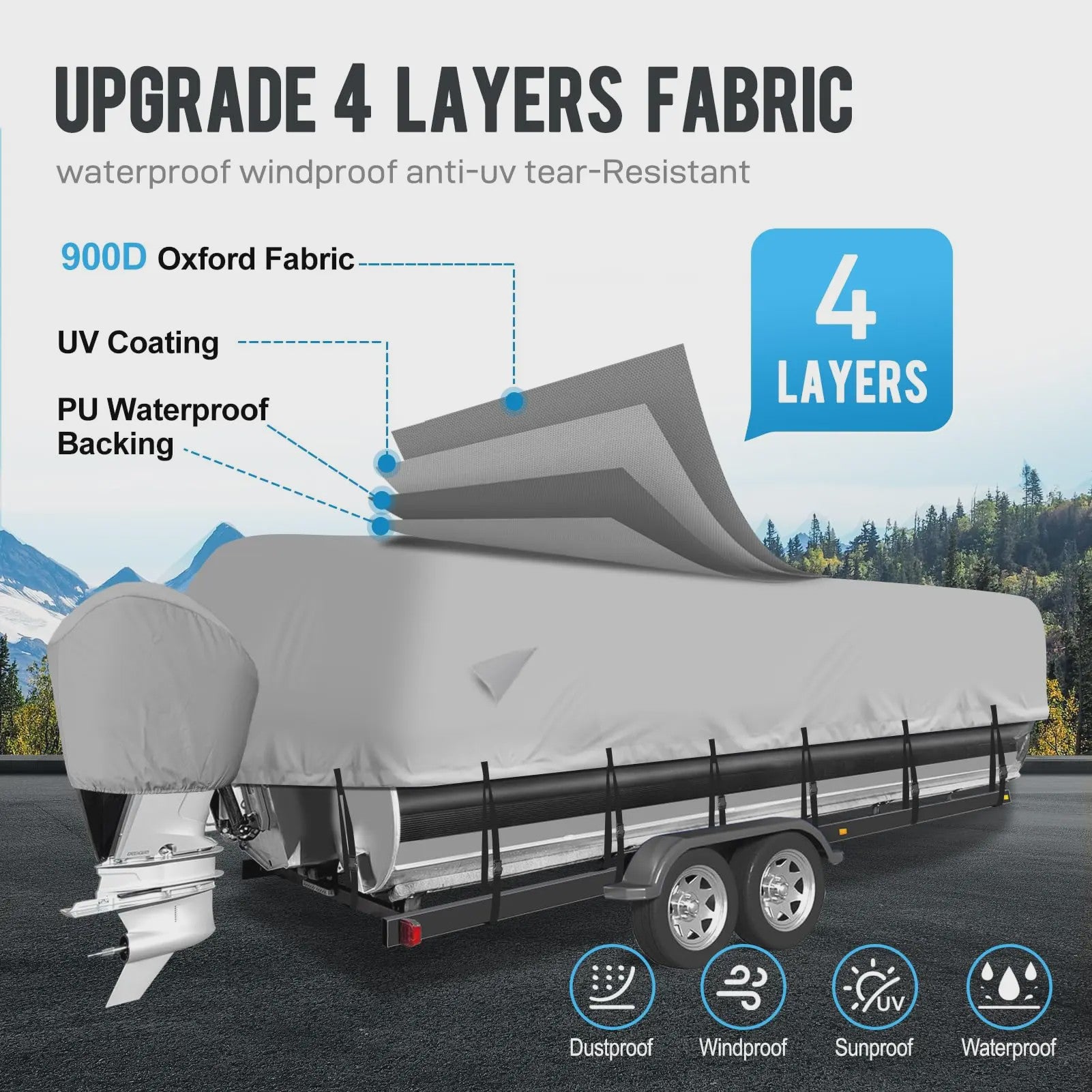 Waterdichte Pontoon Boot Trailerhoes - UV-bestendig, 300D Heavy Duty, met Motorhoes & Spanband