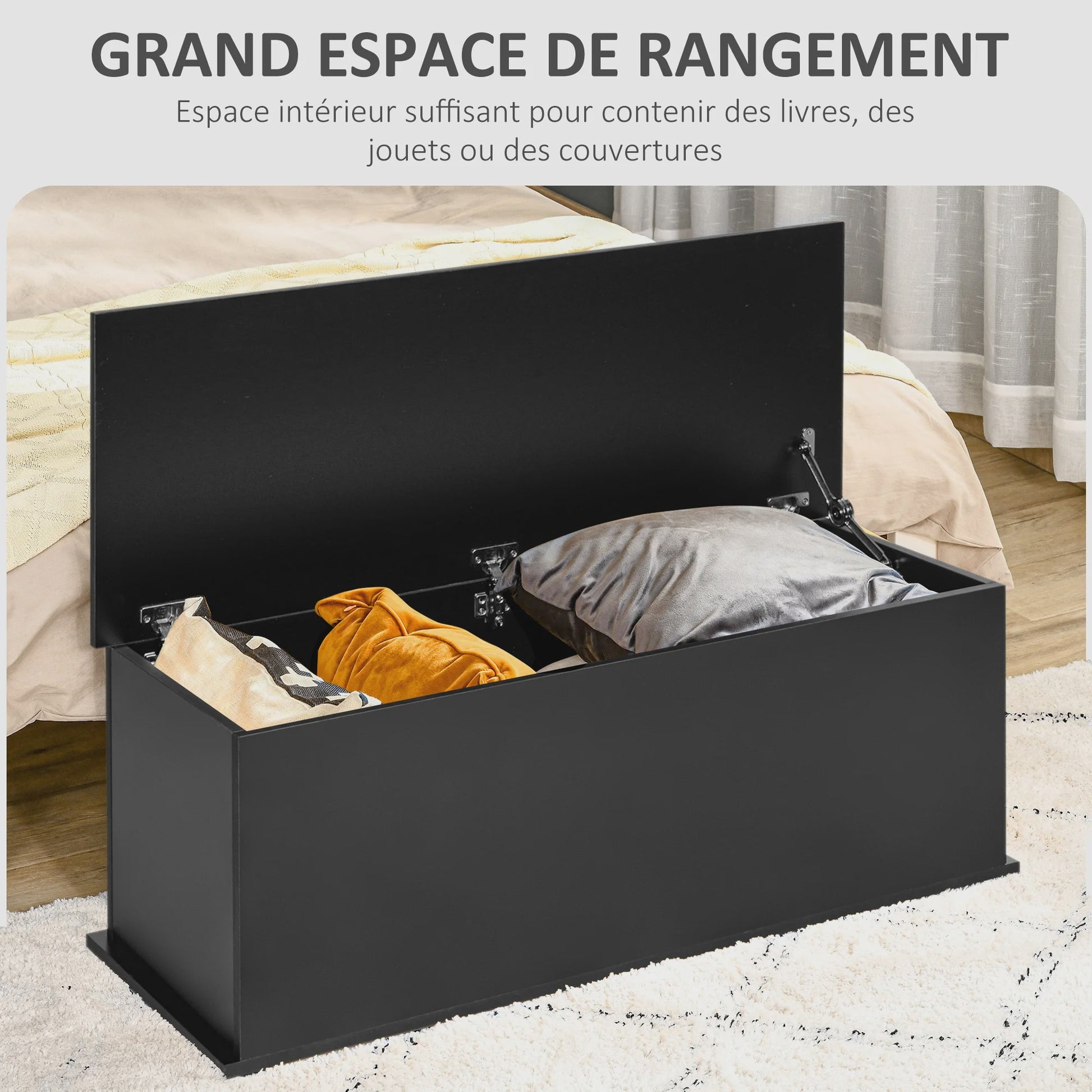 Grote Zwarte Houten Opbergkist met Scharnierend Deksel - 100x40x40 cm