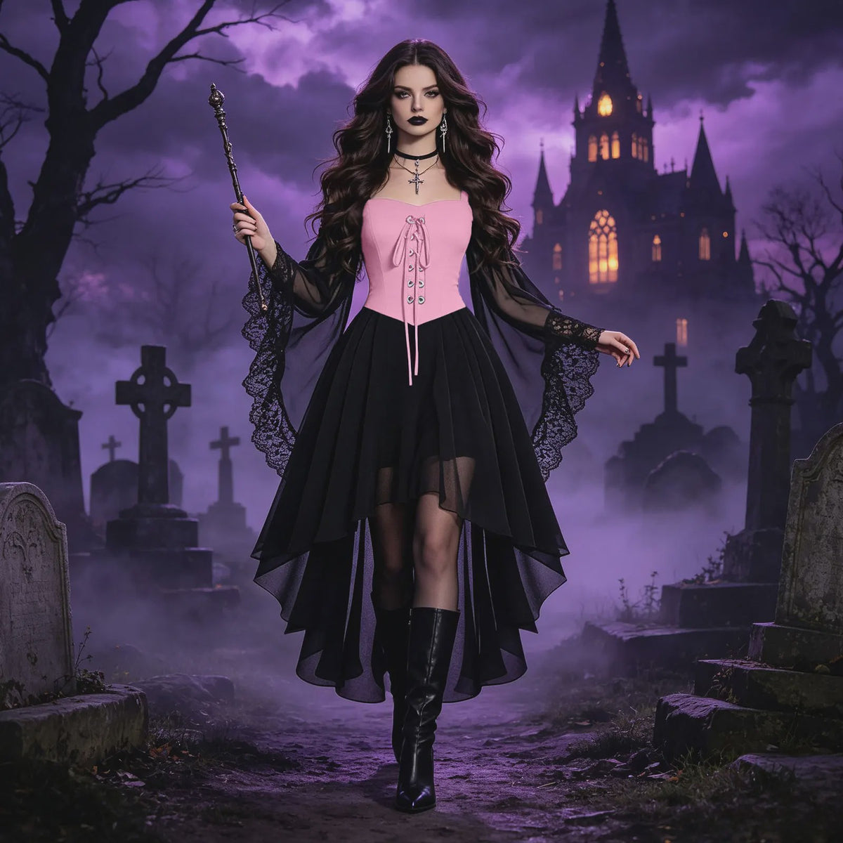 Dames Heksenjurk met Pofmouwen - Middeleeuwse & Gothische Renaissance Stijl voor Halloween & Cosplay