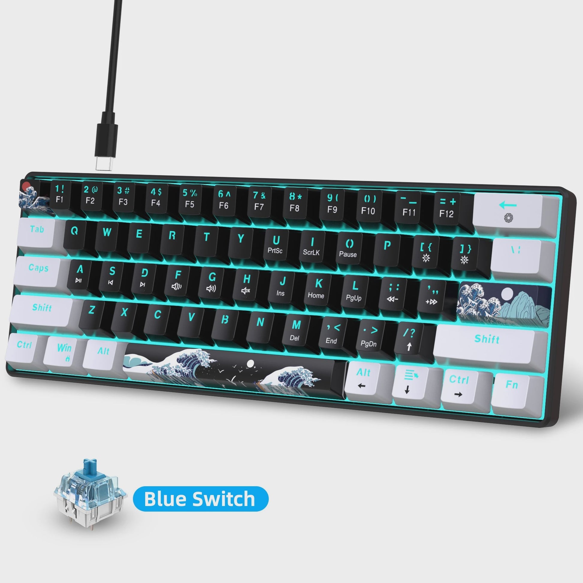 Compact 60% Mechanisch Gaming Toetsenbord met Blauwe Switches en Zee Blauw Backlit