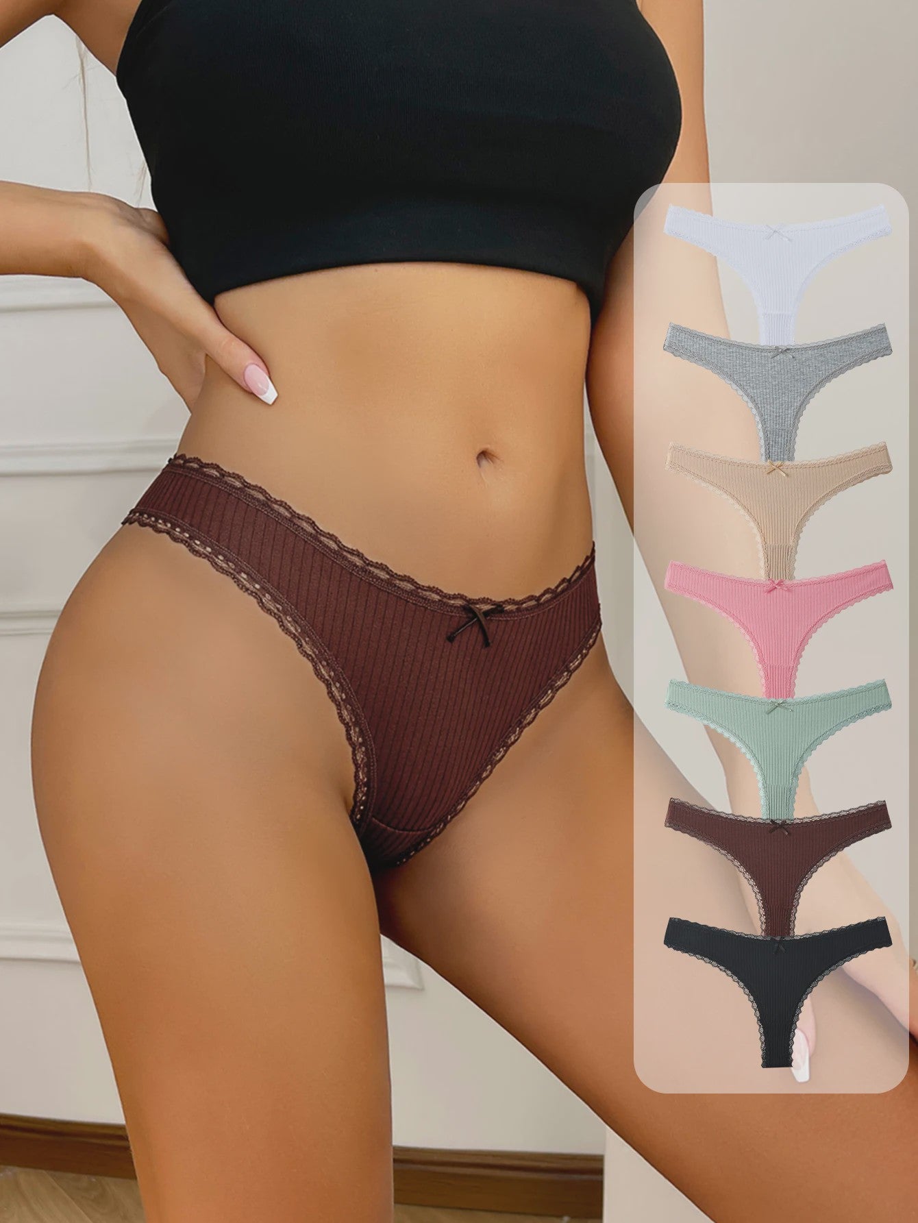 7-Delige Set Dames Thongs van Katoen met Kant - Sexy en Comfortabel Ondergoed (S-3XL)