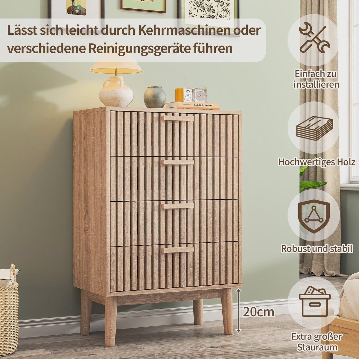 Scandinavische Houten Ladekast met 4 Laden - Ribbel Front & Houten Poten