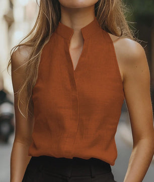 Mouwloze Linnenmix Top met Opstaande Kraag en V-hals - Relaxed Fit Blouse