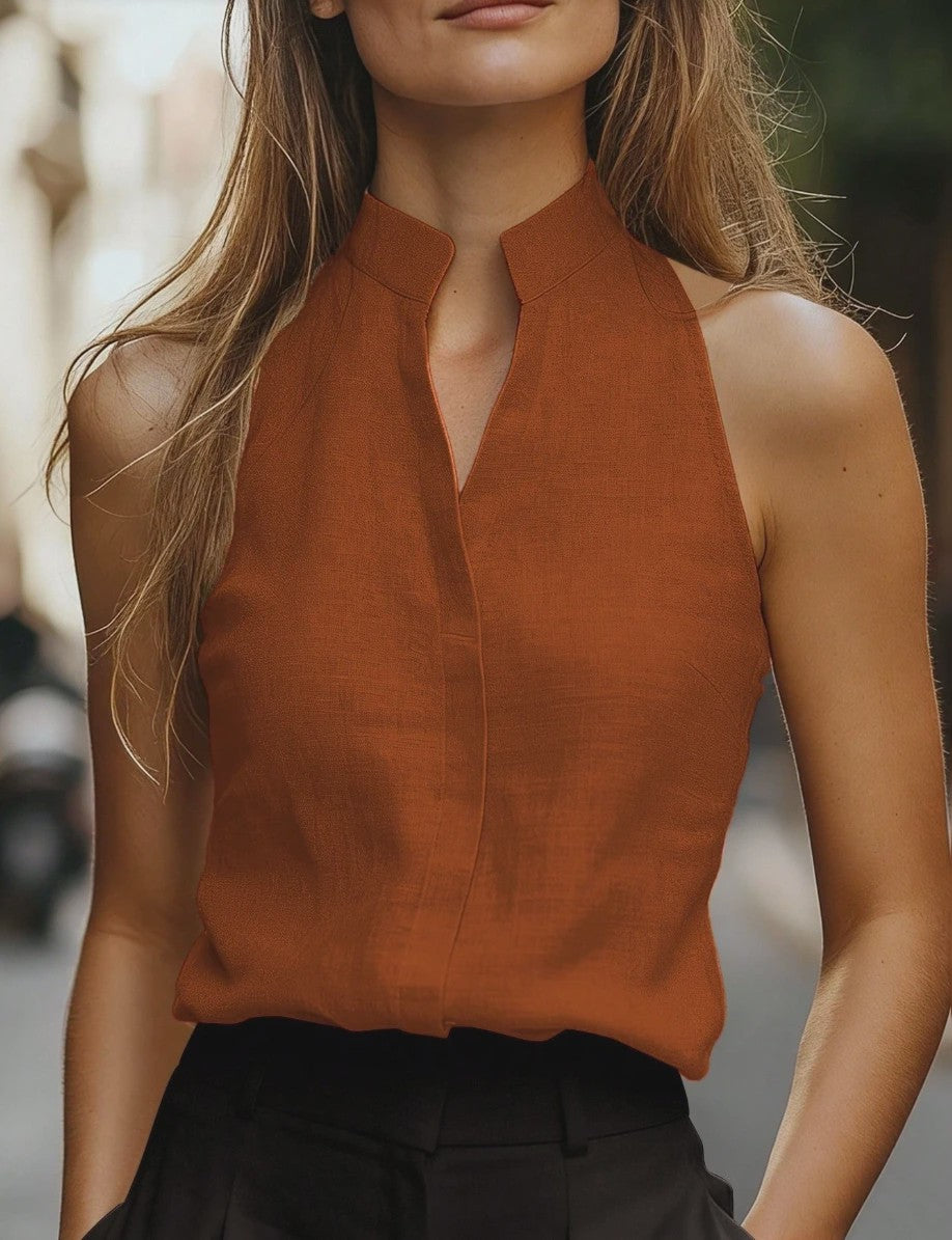 Mouwloze Linnenmix Top met Opstaande Kraag en V-hals - Relaxed Fit Blouse