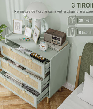 Bohemian Commode met 3 Lades - Rotan Look & Houten Frame - Stijlvolle Slaapkamer Opbergkast